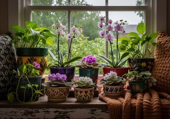 Fototapeta premium Vibrant indoor garden display featuring orchids and african violets on a window ledge