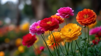 Obraz premium Vibrant Ranunculus Flowers in Full Bloom with Soft Bokeh Background.