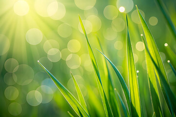 Sunbeams shining through lush green grass with bokeh