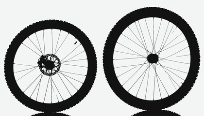 Fototapeta premium Silhouetted image featuring two bicycle wheels, showcasing tires, spokes, hubs, and disc brake system