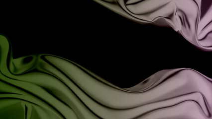 Abstract flowing fabric with green and pink hues on black background