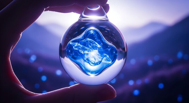 A hand holds a glass orb with a glowing blue energy form inside against a blurred mountain background