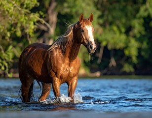 Chestnut horse stands in shallow water, dappled light and green backdrop