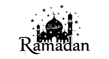 Ramadan kareem mosque silhouette with stars and moon greeting