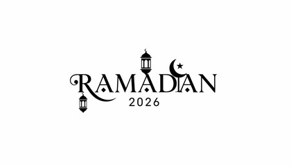 Ramadan 2026 typography with crescent moon, star, and lanterns