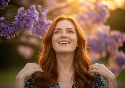 Joyful woman with vibrant red hair enjoying the golden hour among blooming purple flowers. - Powered by Adobe