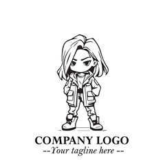 Black and White Chibi Girl Standing in Jacket, Pants, and Boots. Simple Bold Vector Illustration