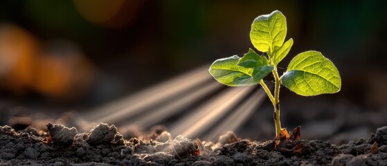 Young Plant Sprout Growing in Soil with Sunbeams.
