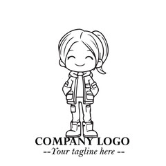 Black and White Chibi Girl Standing in Jacket, Pants, and Boots. Simple Bold Vector Illustration