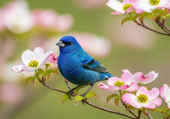 Fototapeta premium Vibrant indigo bunting perching among delicate pink and white dogwood blossoms.