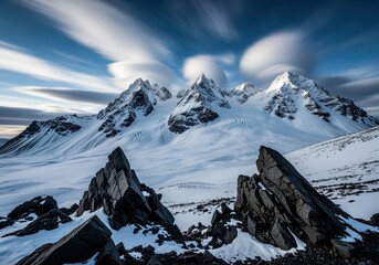Jagged snowy mountain range panorama with dark rocks and dramatic long exposure clouds.