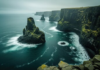 Towering basalt sea stacks emerging from the dark ocean beside dramatic coastal cliffs.