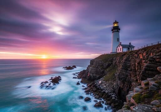 Majestic lighthouse on rugged coastal cliffs illuminated by a vibrant purple sunset.
