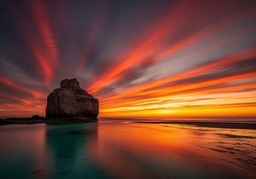Fiery sunset sky streaks above a massive sea rock reflected in calm water