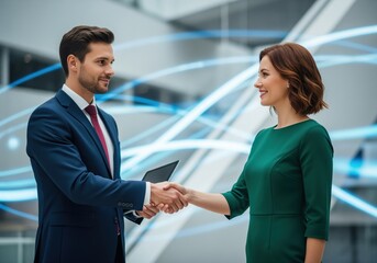 Fototapeta premium Successful business handshake between two professionals with dynamic digital connection.