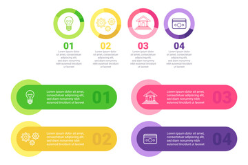 Infographic set displaying four colorful sections featuring symbols representing ideas, architecture, and technology. Each section including corresponding text blocks for clarity