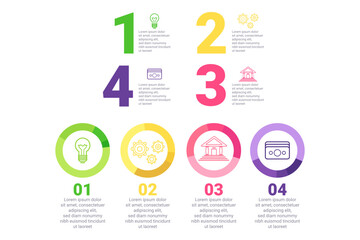 Set featuring four sections with numbers and icons showcasing different ideas and concepts. Text explaining key points related to icons