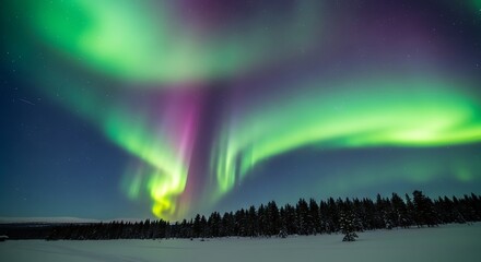 Aurora borealis illuminates a snowy forest landscape under a starry sky