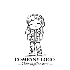 Black and White Chibi Girl Standing in Jacket, Pants, and Boots. Simple Bold Vector Illustration