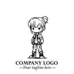Black and White Chibi Girl Standing in Jacket, Pants, and Boots. Simple Bold Vector Illustration