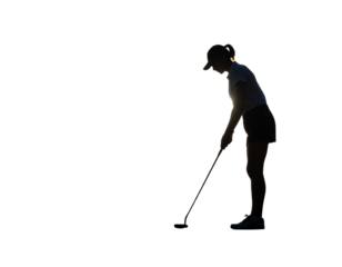 Female Golfer Silhouette Putting on Green, Focused Stance with Flagpole, isolated