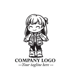 Black and White Chibi Girl Standing in Jacket, Pants, and Boots. Simple Bold Vector Illustration