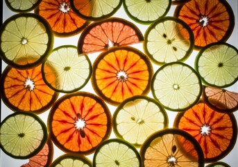 Vibrant backlit composition of overlapping orange lemon and lime citrus fruit slices.