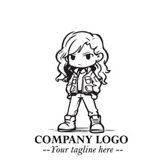 Black and White Chibi Girl Standing in Jacket, Pants, and Boots. Simple Bold Vector Illustration