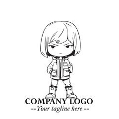 Black and White Chibi Girl Standing in Jacket, Pants, and Boots. Simple Bold Vector Illustration