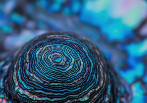 Abstract macro view of iridescent abalone shell texture showing concentric layers.