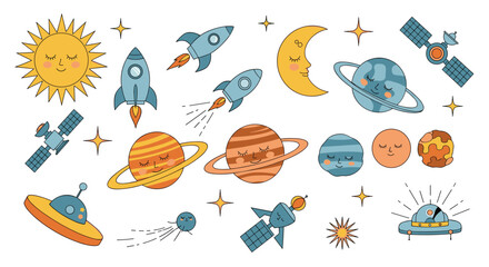 Adorable vector illustration set featuring cute cartoon space objects including planets, rockets, sun, moon, and satellites with friendly faces.