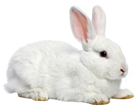 Cute White Bunny Lying Down on Its Side, Relaxed Pose, isolated