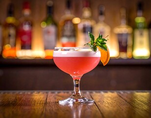 Cocktail A pink drink with orange and mint garnish