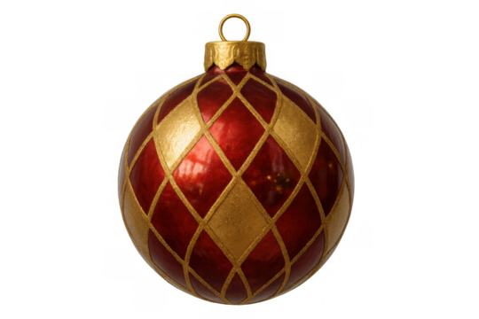 Christmas ornament featuring a red and gold harlequin pattern, seasonal holiday decoration on transparent background