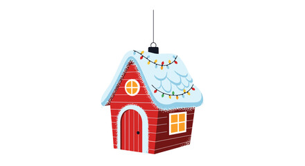 Charming snow-covered red house Christmas ornament adorned with festive lights and a whimsical winter design.