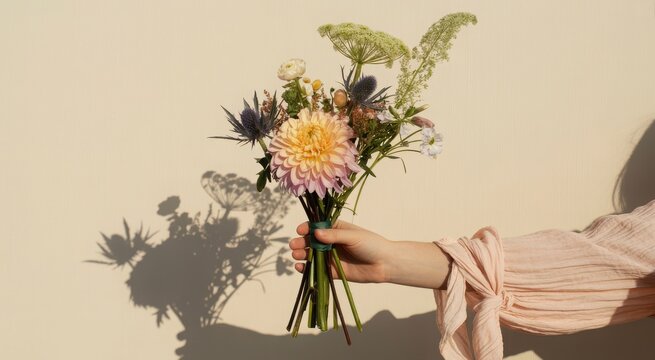 Womans hand holding a bouquet of flowers with shadow on a beige wall