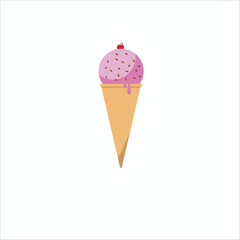 Delicious pink ice cream cone with sprinkles and cherry on top served for a sweet treat