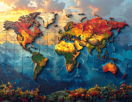 World map puzzle with autumnal colors