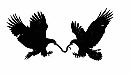 Obraz premium Silhouetted illustration of two birds of prey fighting over a snake. Black shapes on white background