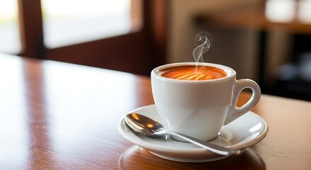 White espresso cup with steaming coffee and spoon on saucer