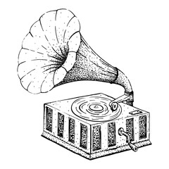 Graphic illustration of an antique gramophone.
Hand-drawn vector illustration in black and white.