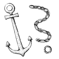 A graphic illustration of a nautical anchor and chain set. This black and white vector drawing is perfect for a children's coloring book.