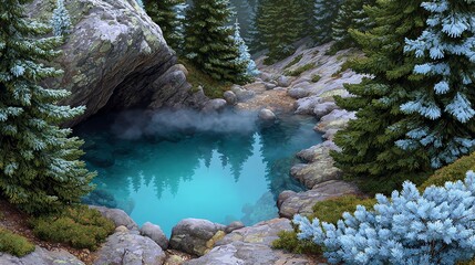 Turquoise Alpine Lake Hidden Among Forest Trees with Mist and Boulders
