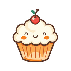 Cute kawaii cupcake with cherry on top and happy smiling face for sweet bakery or children dessert shop branding