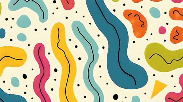 Retro 80s style Memphis pattern with squiggles, triangles, and dots in bright colors on pastel background