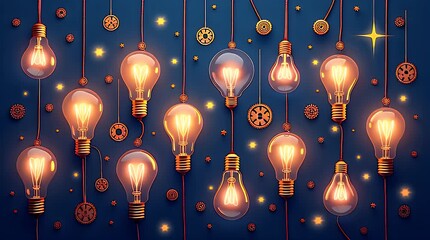 Conceptual pattern of light bulbs, gears, and stars symbolizing innovation, ideas, and creativity