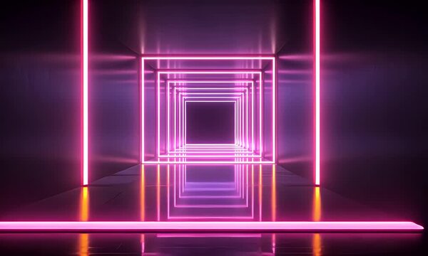 Endless futuristic tunnel with glowing neon pink square frames receding into the distance creating a sense of depth and movement