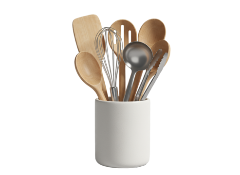 3D Cooking utensils set in a ceramic holder