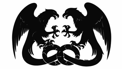 Obraz premium A symmetrical black silhouette of two eagles facing each other with talons. Underneath is a serpentine design