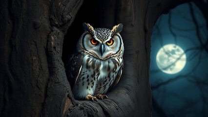 passivity. An owl with intense gaze guarding a tree hollow in moonlight, detailed feathers and ancient oak bark. wildlife magazines, conservation campaigns, designed for eco-tourism storytelling.
